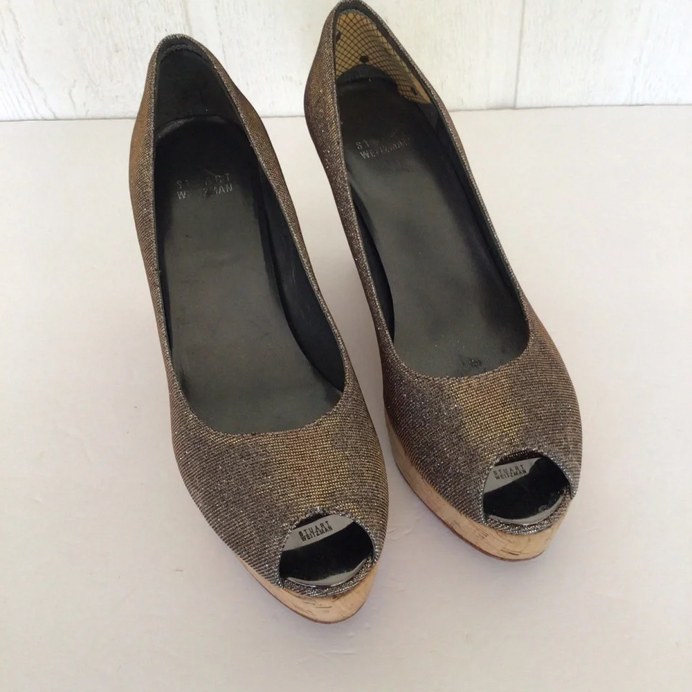 STUART WEITZMAN CORKSWOON BRONZE GLITTER CORK PLATFORM WEDGE SHOES SIZE …